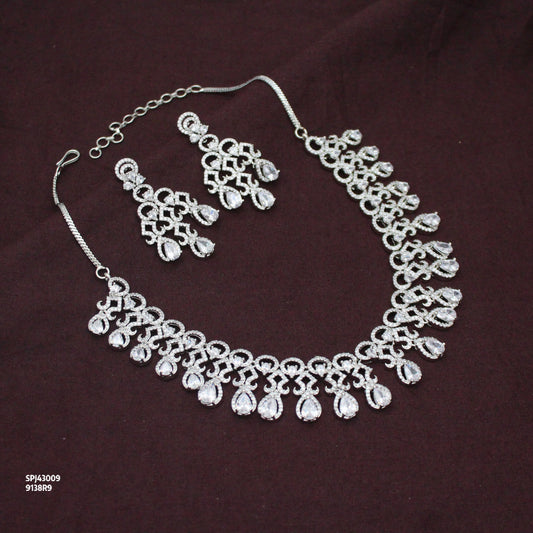 Platinum Party Wear Drop Pattern Full White Stones Short Necklace Set With Push Back Earrings 43009