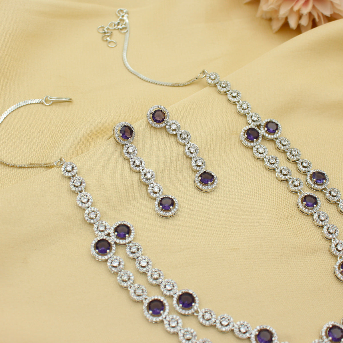 Premium Platinum 2 Layers Round Stone Purple Short Necklace Set With Push Back Earrings 43020