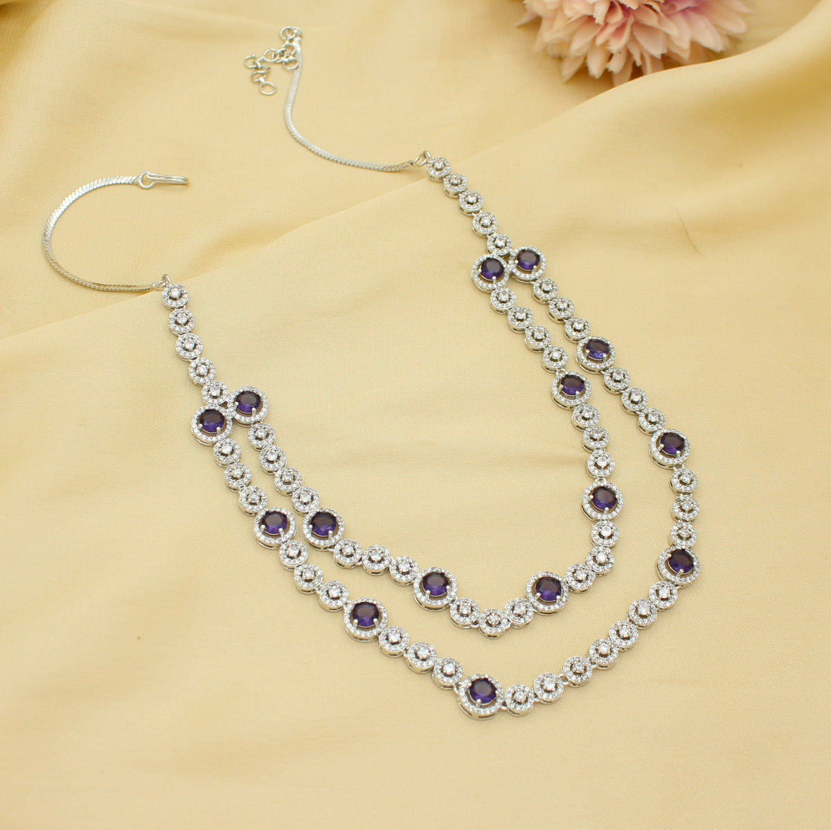 Premium Platinum 2 Layers Round Stone Purple Short Necklace Set With Push Back Earrings 43020
