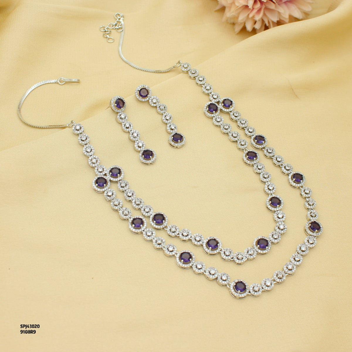 Premium Platinum 2 Layers Round Stone Purple Short Necklace Set With Push Back Earrings 43020