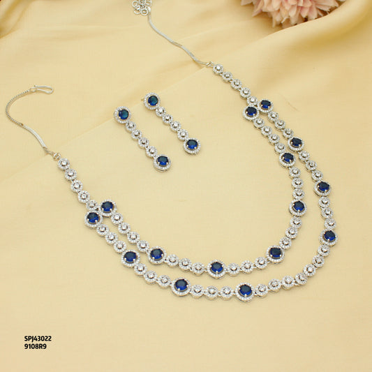 Premium Platinum 2 Layers Round Stone Blue Short Necklace Set With Push Back Earrings 43022