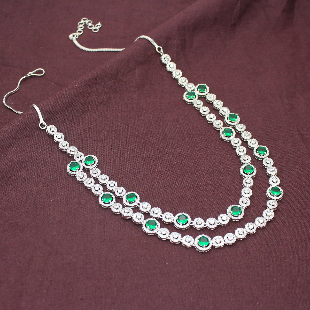 Premium Platinum 2 Layers Round Stone Emerald Green Short Necklace Set With Push Back Earrings 43016