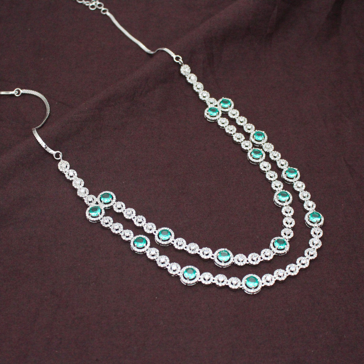 Premium Platinum 2 Layers Round Stone Rama Green Short Necklace Set With Push Back Earrings 43021