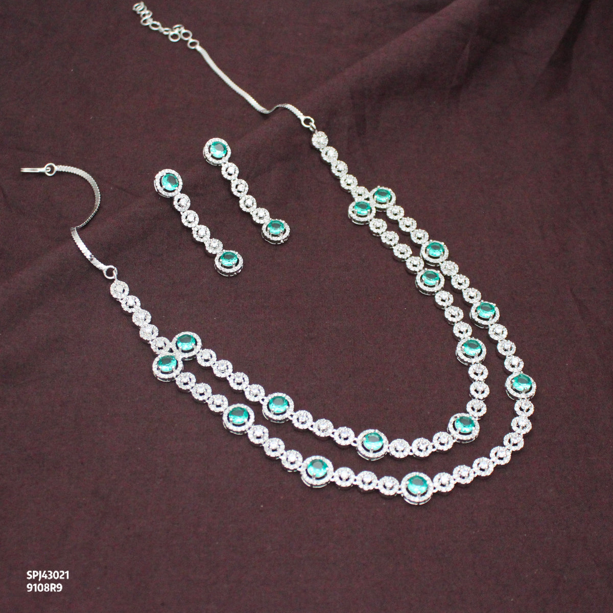Premium Platinum 2 Layers Round Stone Rama Green Short Necklace Set With Push Back Earrings 43021