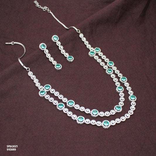 Premium Platinum 2 Layers Round Stone Rama Green Short Necklace Set With Push Back Earrings 43021