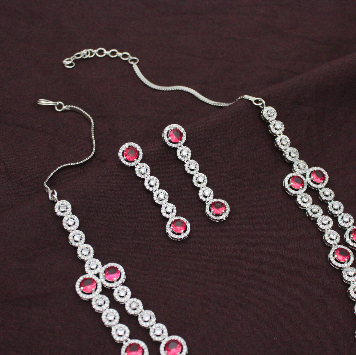 Premium Platinum 2 Layers Round Stone Red Short Necklace Set With Push Back Earrings 43015