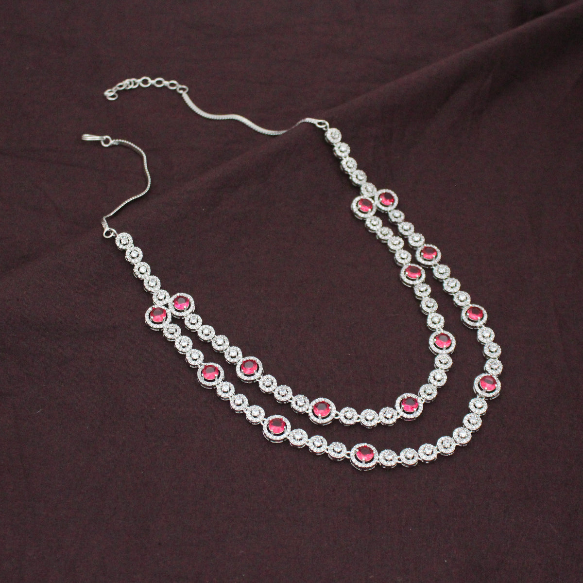 Premium Platinum 2 Layers Round Stone Red Short Necklace Set With Push Back Earrings 43015
