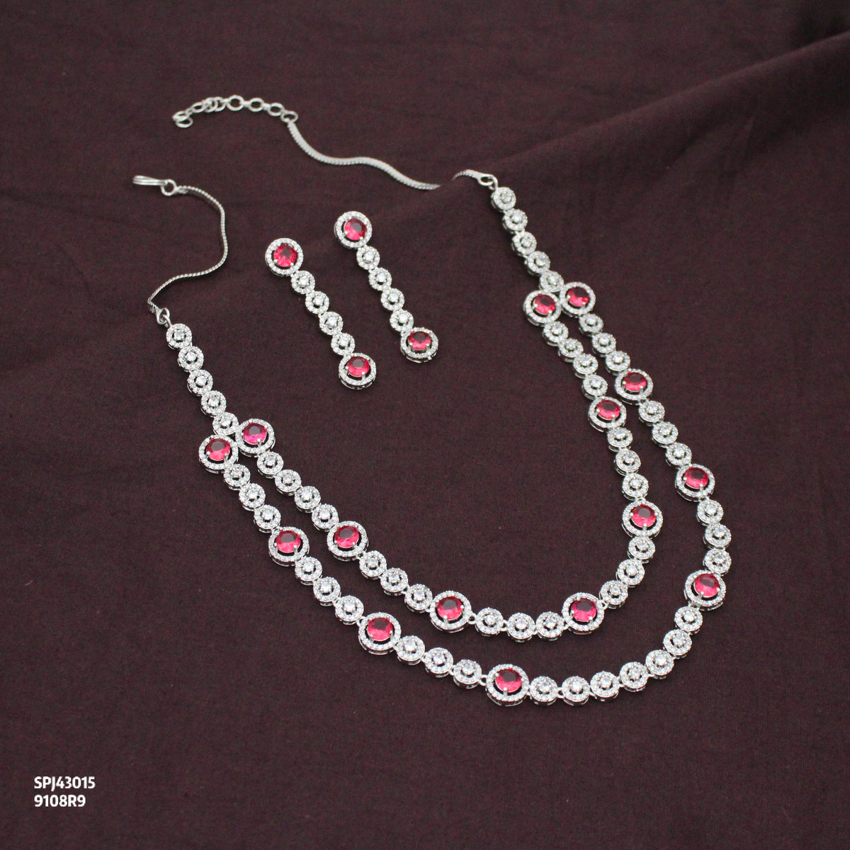 Premium Platinum 2 Layers Round Stone Red Short Necklace Set With Push Back Earrings 43015
