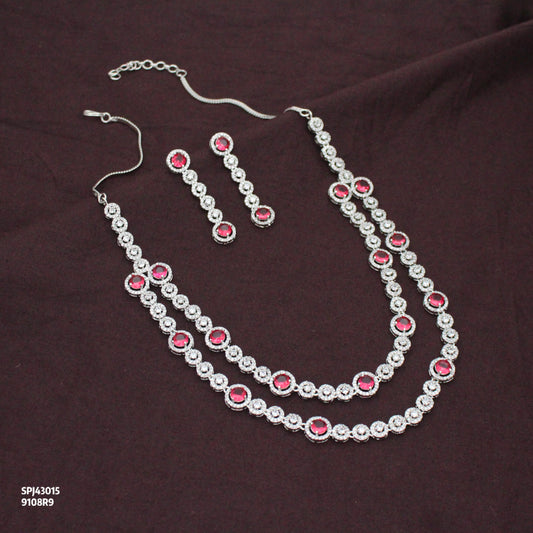 Premium Platinum 2 Layers Round Stone Red Short Necklace Set With Push Back Earrings 43015