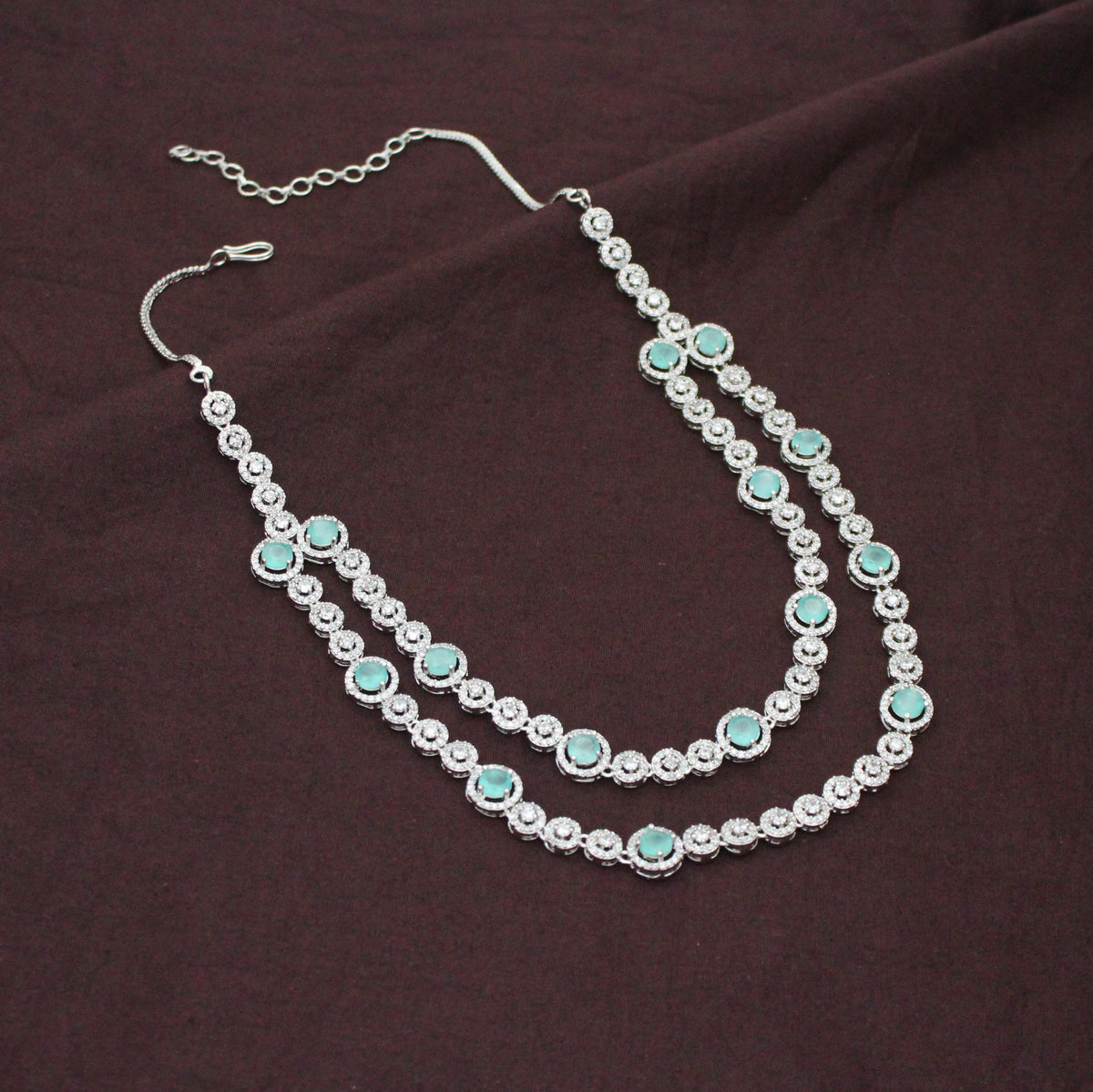 Premium Platinum 2 Layers Round Stone Mint Blue Short Necklace Set With Push Back Earrings 43019