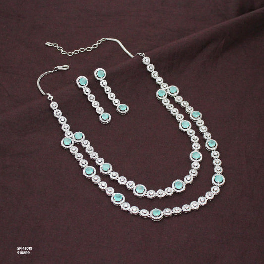 Premium Platinum 2 Layers Round Stone Mint Blue Short Necklace Set With Push Back Earrings 43019