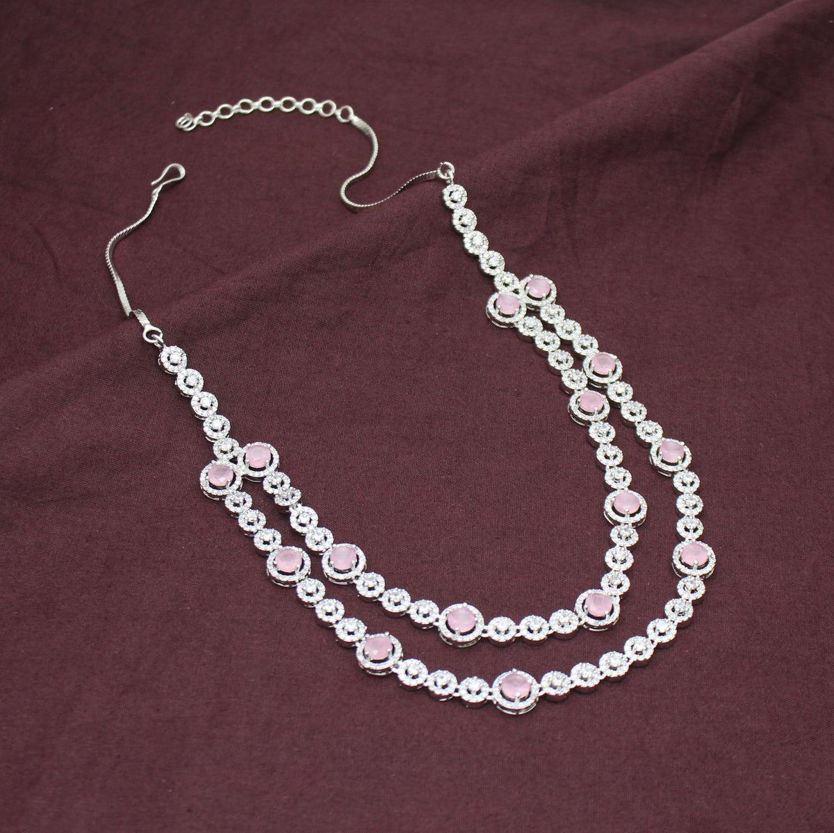 Premium Platinum 2 Layers Round Stone Mint Pink Short Necklace Set With Push Back Earrings 43018