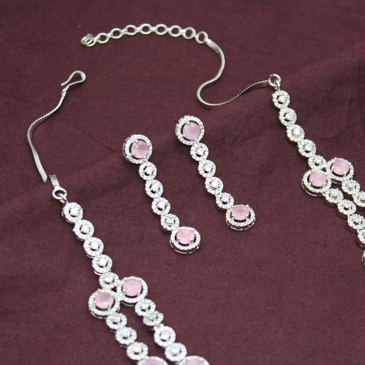 Premium Platinum 2 Layers Round Stone Mint Pink Short Necklace Set With Push Back Earrings 43018