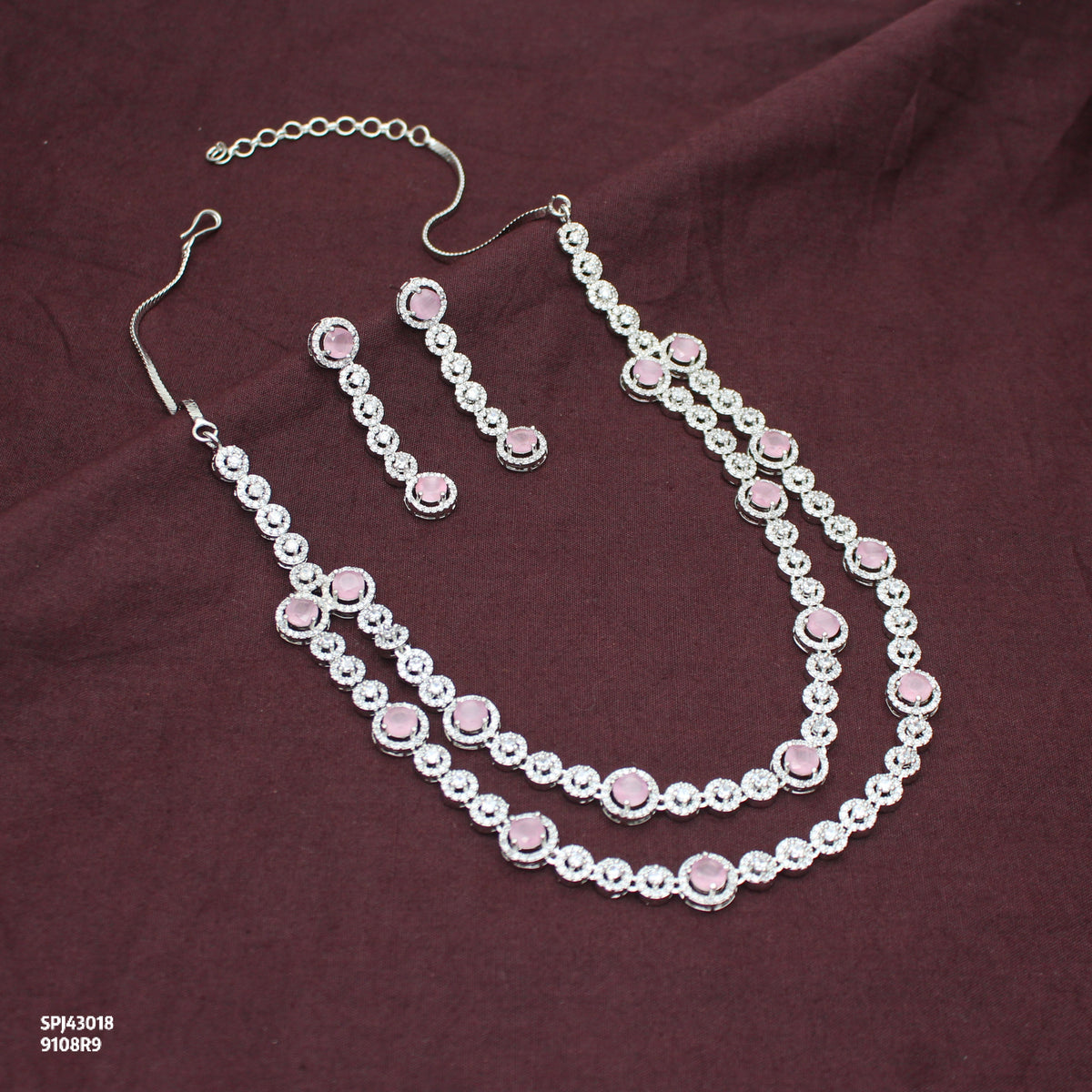 Premium Platinum 2 Layers Round Stone Mint Pink Short Necklace Set With Push Back Earrings 43018