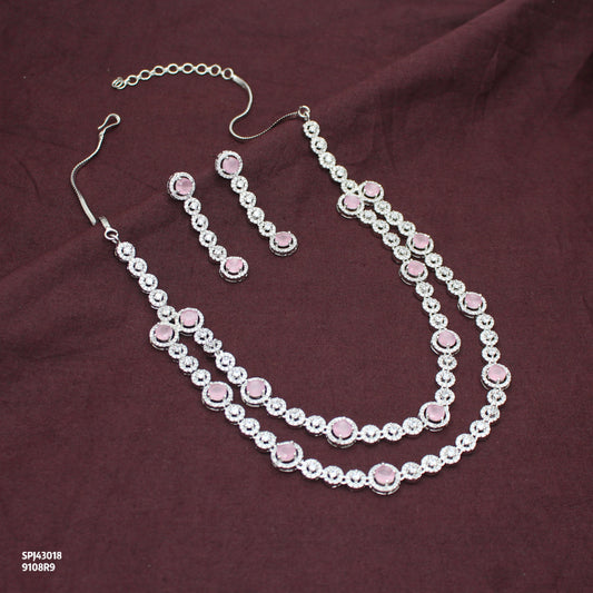 Premium Platinum 2 Layers Round Stone Mint Pink Short Necklace Set With Push Back Earrings 43018