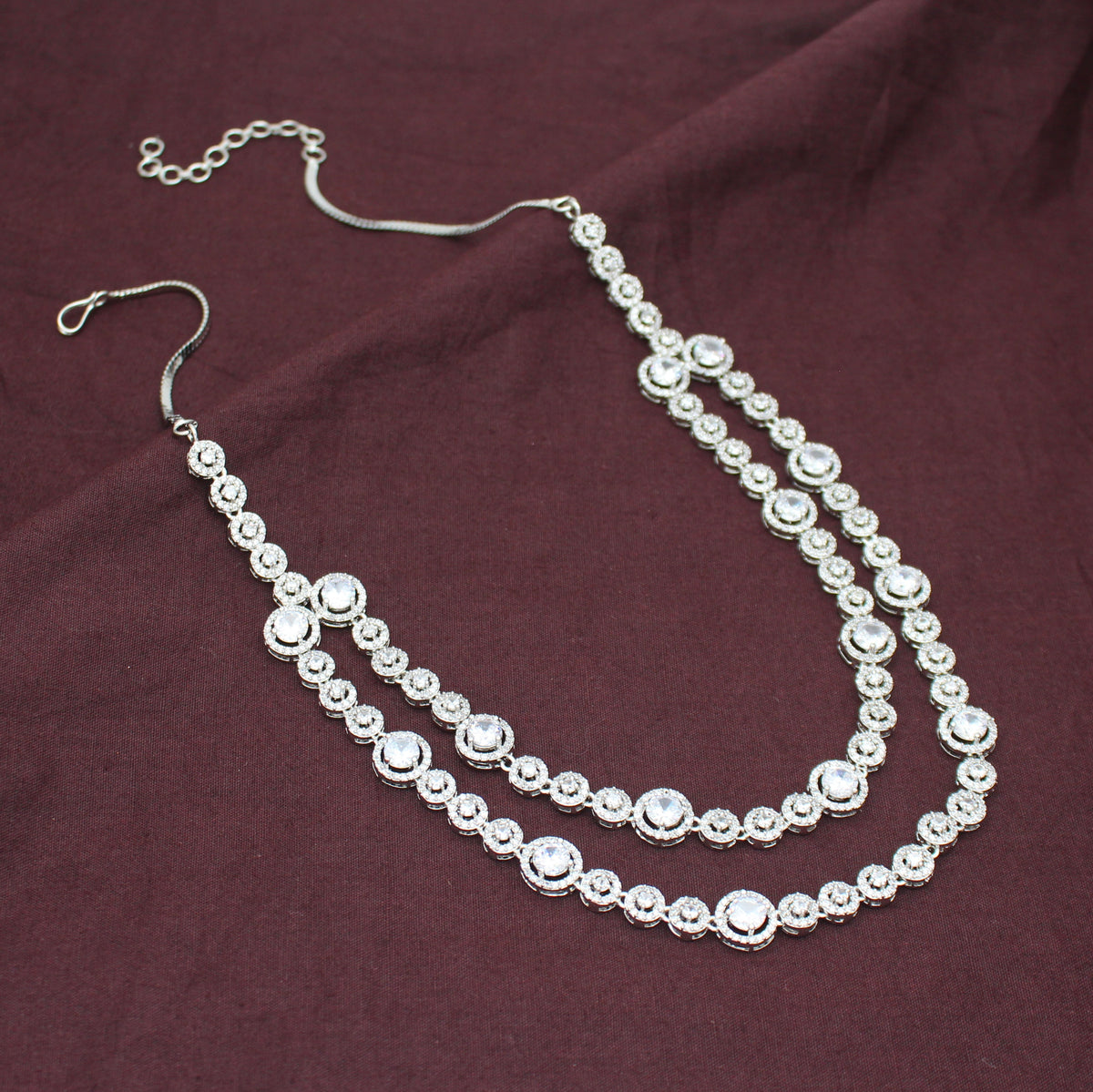 Premium Platinum 2 Layers Round Stone Full White Short Necklace Set With Push Back Earrings 43017