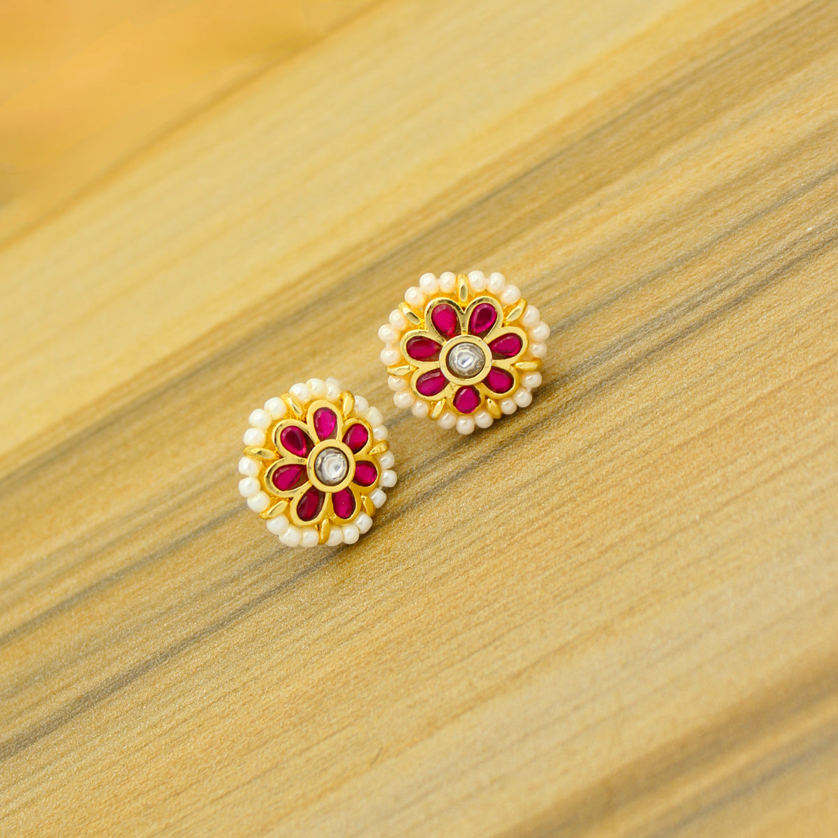 Premium Jadau Kundan Small Red Floral Studs With Screw Back 43024