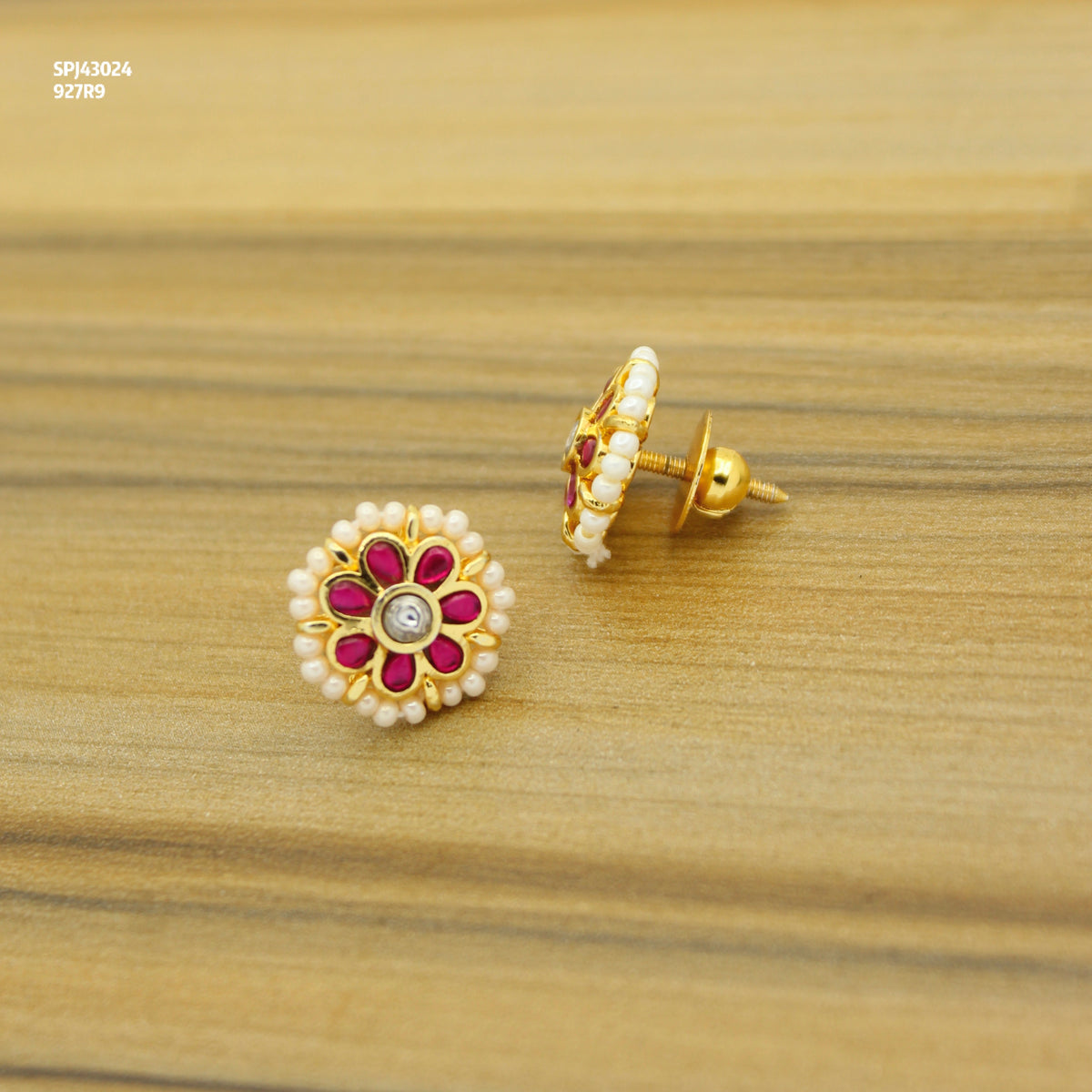 Premium Jadau Kundan Small Red Floral Studs With Screw Back 43024