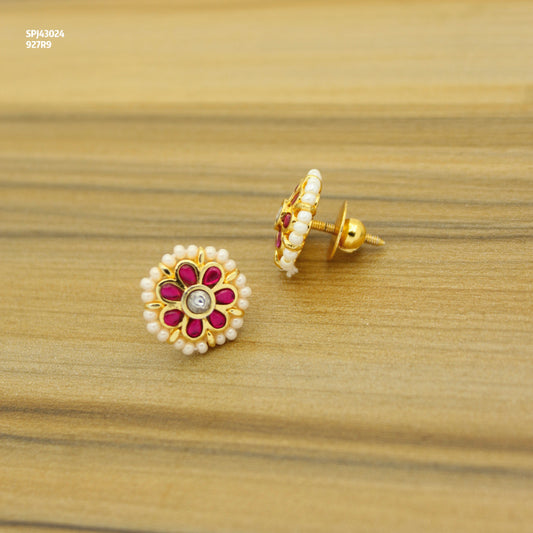 Premium Jadau Kundan Small Red Floral Studs With Screw Back 43024