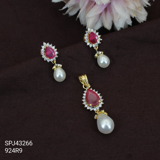 43266 GJ diamond look drop pattern Ruby pendent set with pearl drop push back Earrings