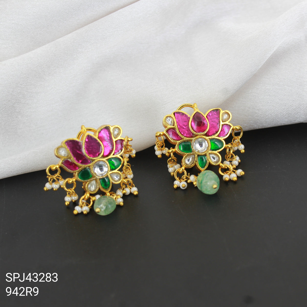 43283  Jadau lotus studs with Russian beads and screw back with support