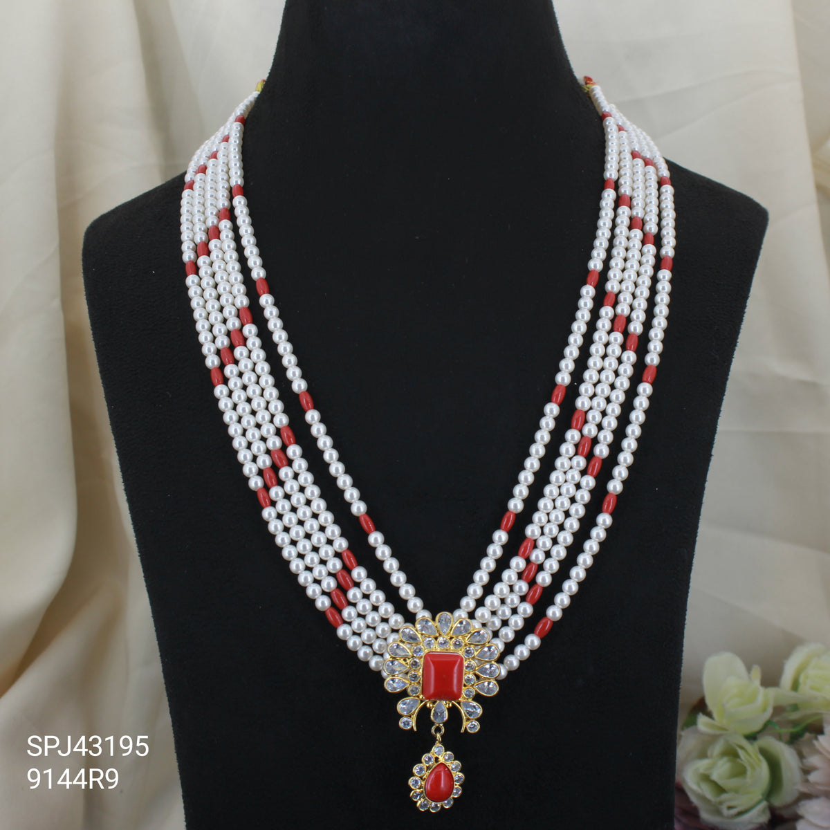 43195 pearls and Coral Mala with uncut locket