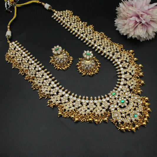 41927 Jadau Full White Guttapusalu Long Necklace With Push Back Earrings