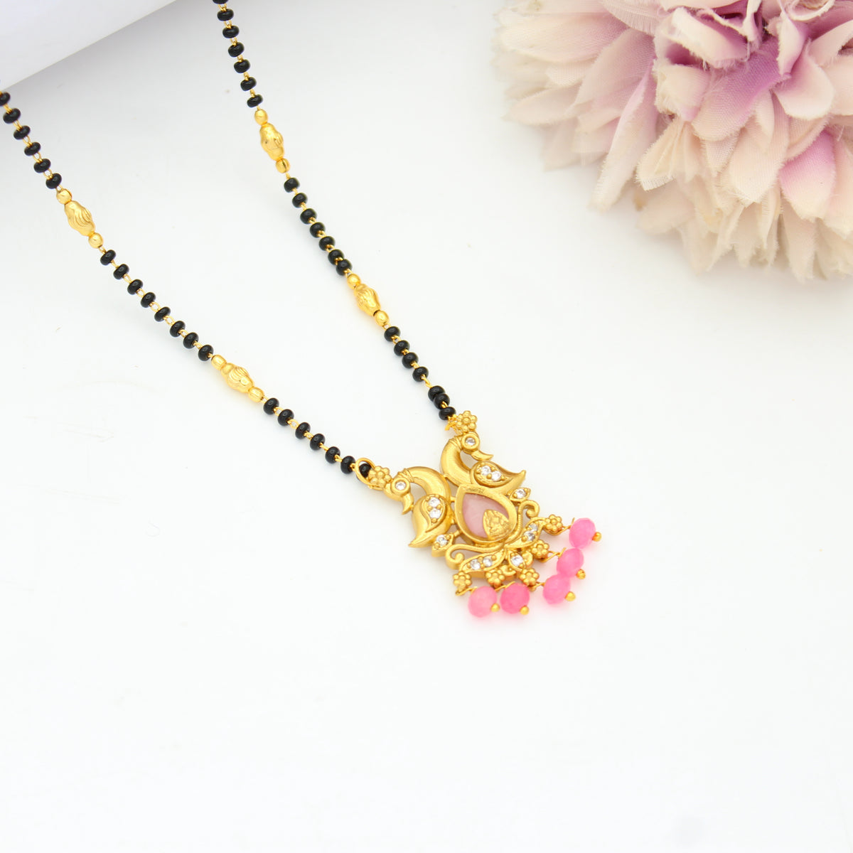 Fancy Double Peacock Drop Stone Mint Pink Black Beads 42965