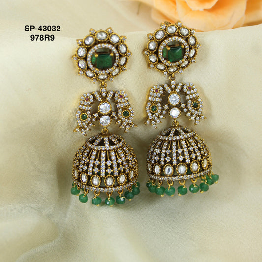 Victorian Bridal heavy Jhumkas with green stones SP43031