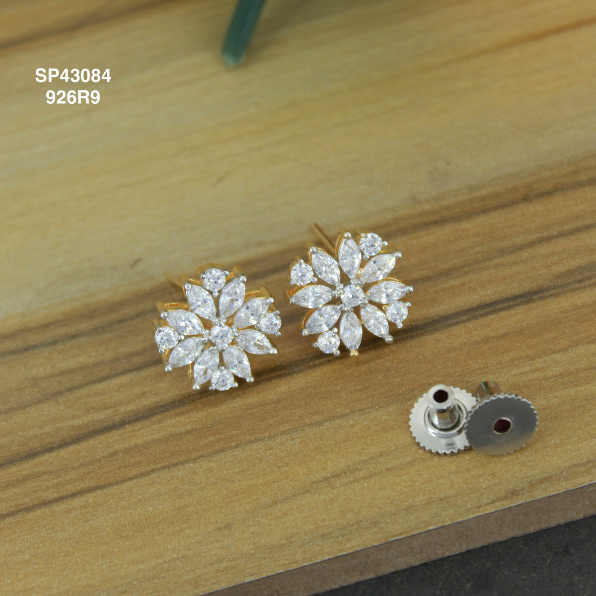 Diamond Look Full White Flower Studs With Push Back SP43084