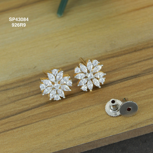 Diamond look full white flower stud earrings with push back closure