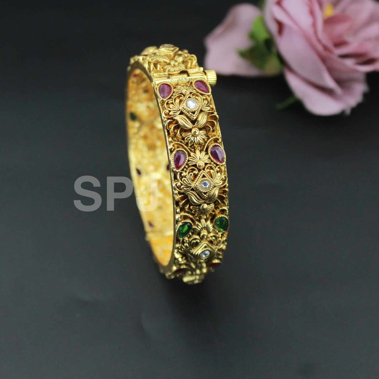 Gold Replica Floral Openable bangles multi color