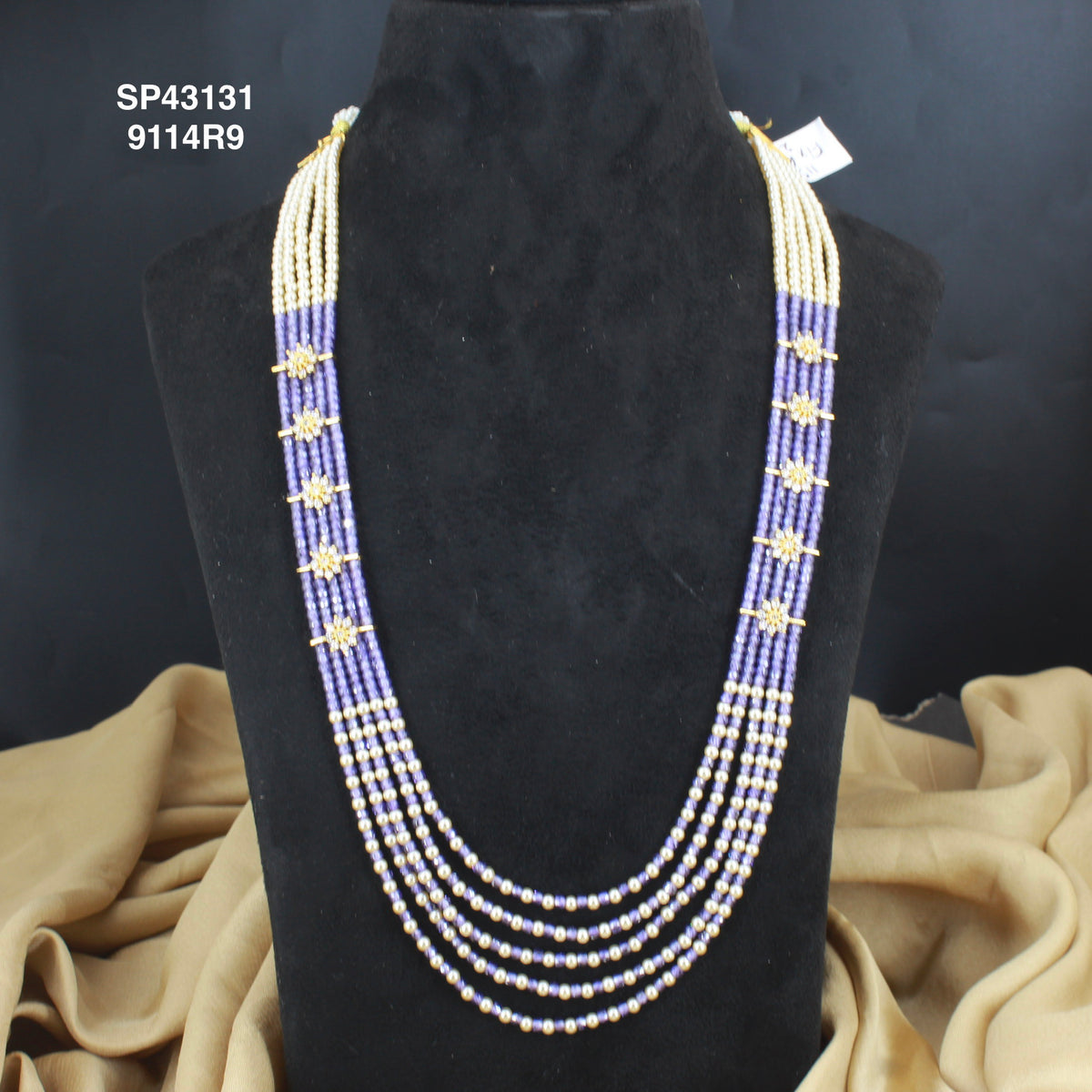 Premium Swarovski Pearls and Light purple sugar crystals 5 lines beads mala with side flowers 43131