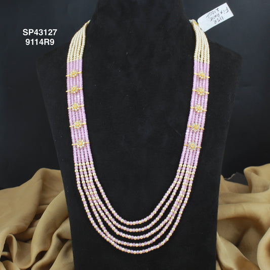 Premium Swarovski Pearls and Light pink sugar crystals 5 lines beads mala with side flowers 43127