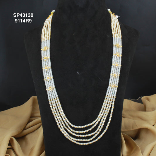 Premium Swarovski Pearls and white colour sugar crystals 5 lines beads mala with side flowers 43130