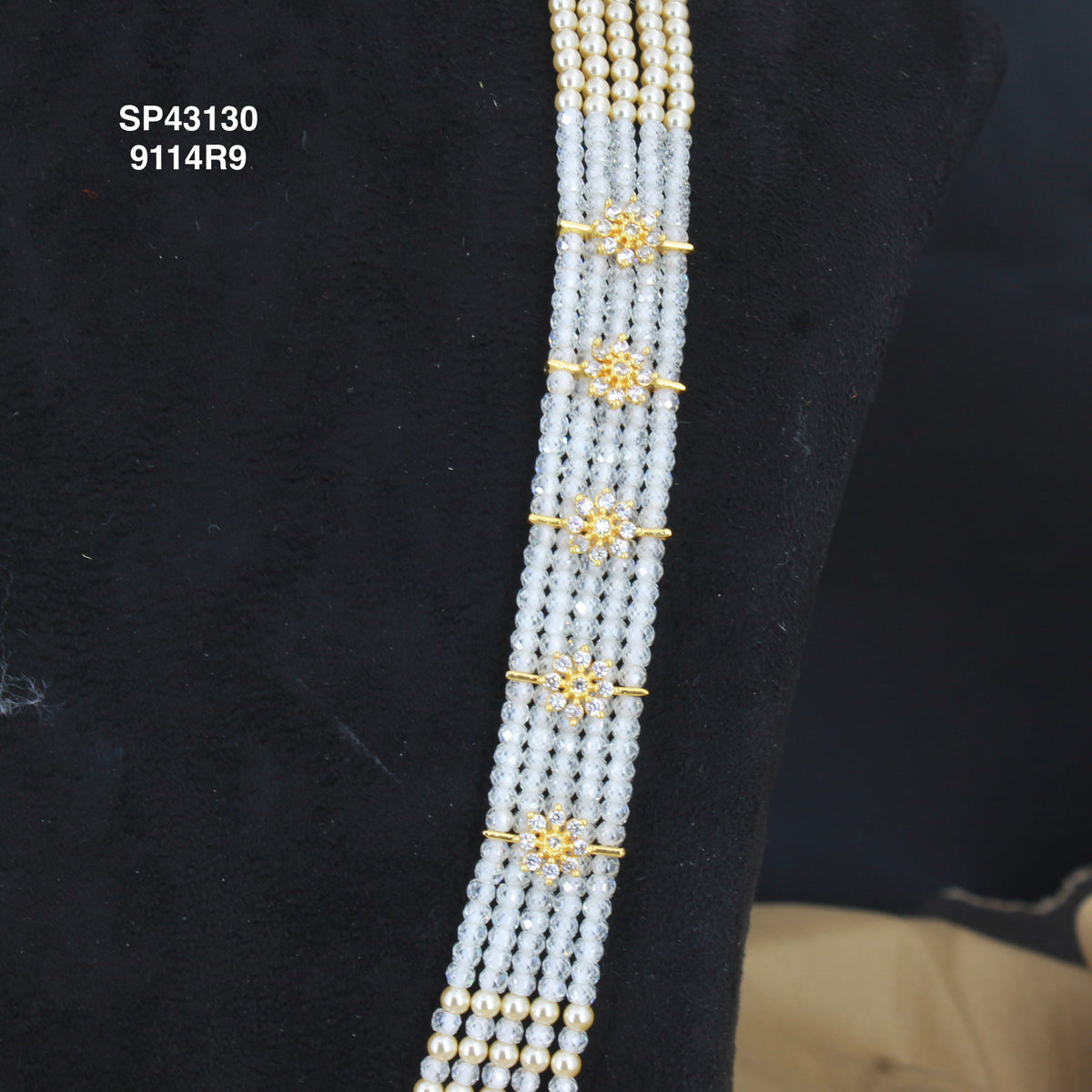 Premium Swarovski Pearls and white colour sugar crystals 5 lines beads mala with side flowers 43130