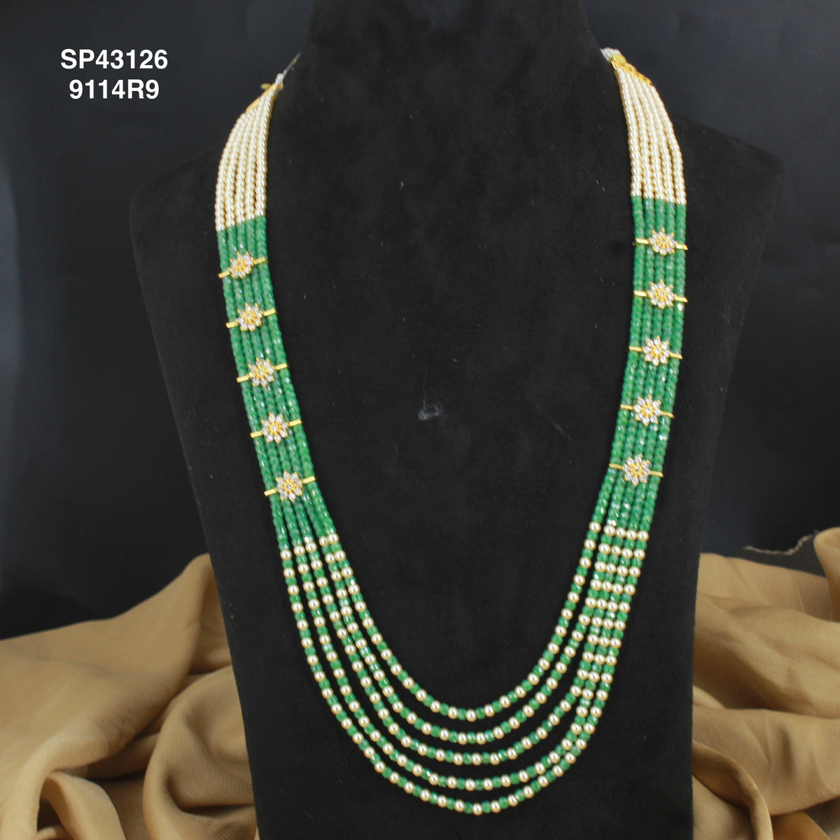 Premium Swarovski Pearls and white colour sugar crystals 5 lines beads mala with side flowers 43126