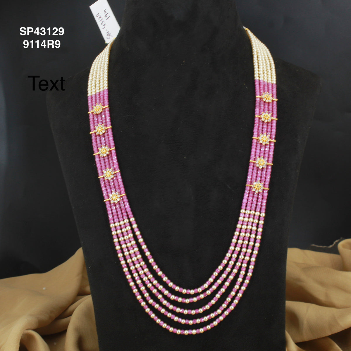 Premium Swarovski Pearls and Rani Pink colour sugar crystals 5 lines beads mala with side flowers 43126