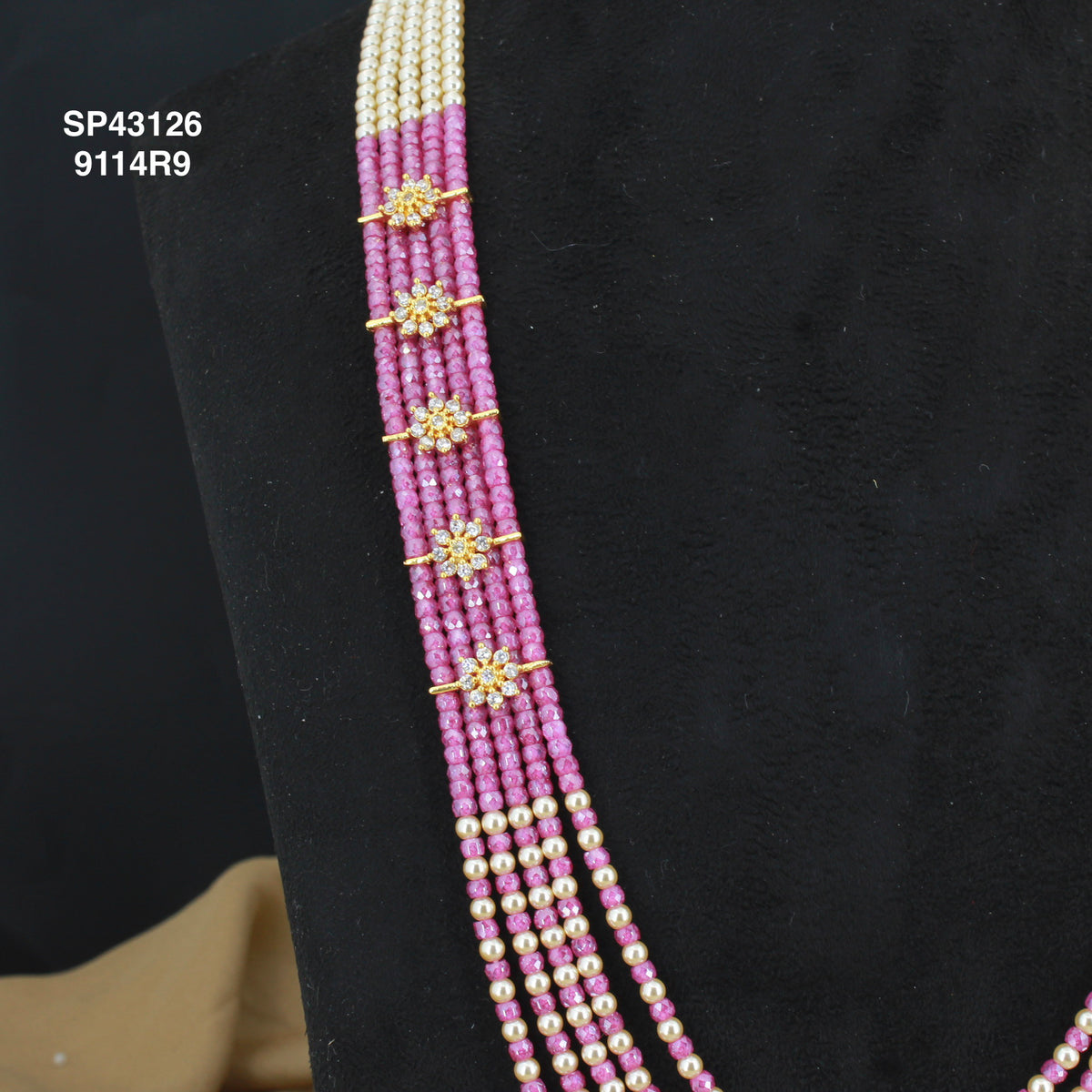Premium Swarovski Pearls and Rani Pink colour sugar crystals 5 lines beads mala with side flowers 43126