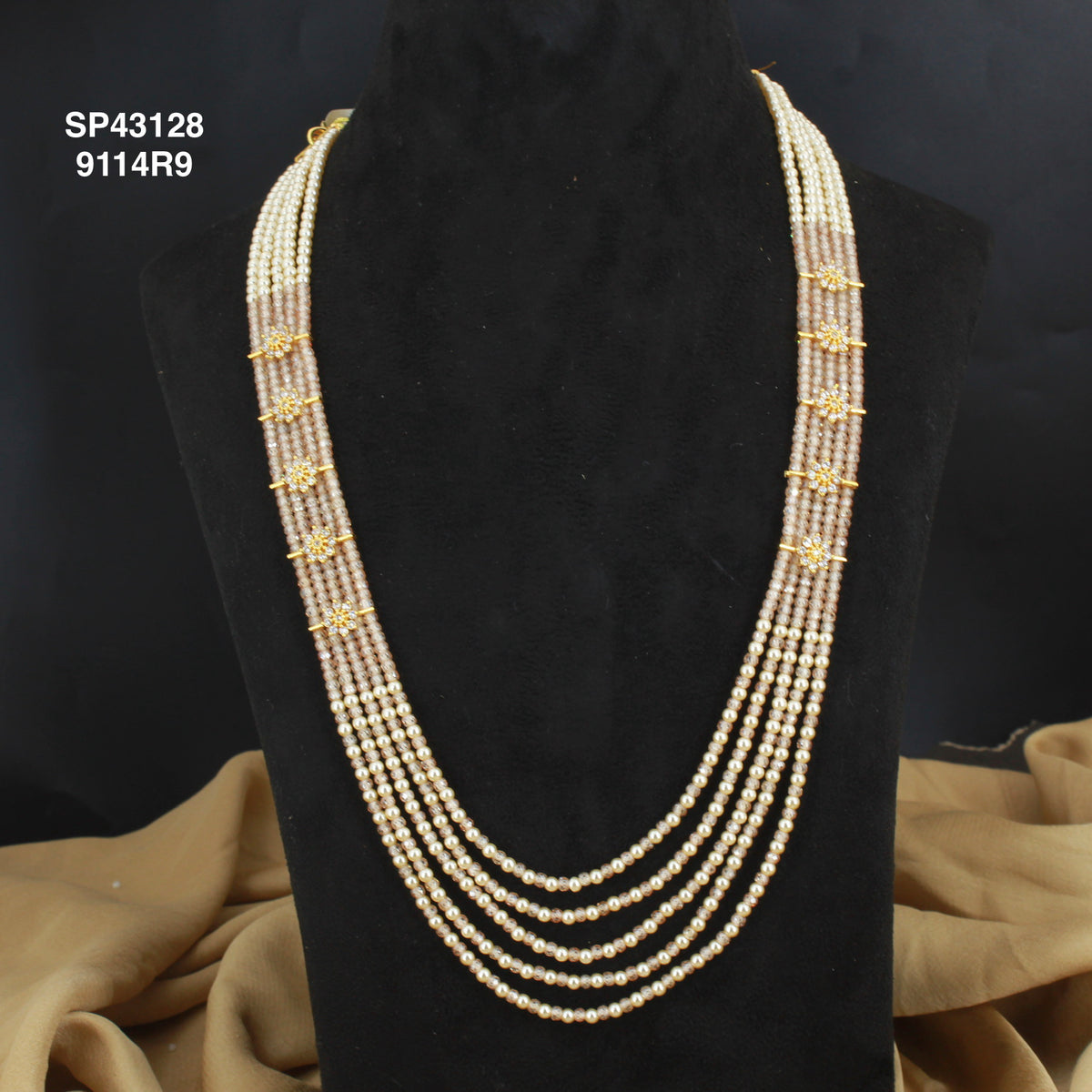 Premium Swarovski Pearls and Mustard colour sugar crystals 5 lines beads mala with side flowers 43128