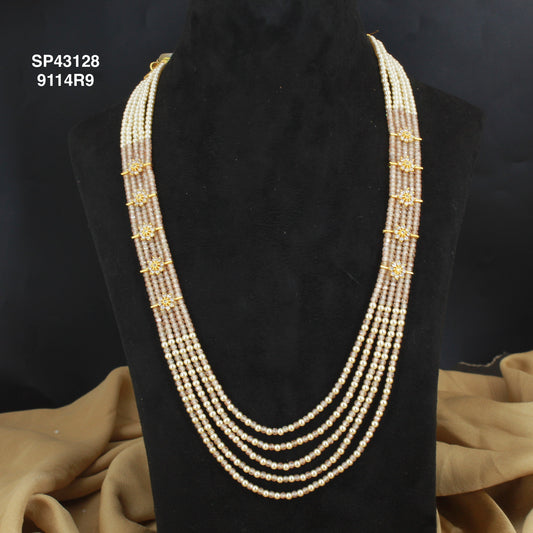 Premium Swarovski Pearls and Mustard colour sugar crystals 5 lines beads mala with side flowers 43128