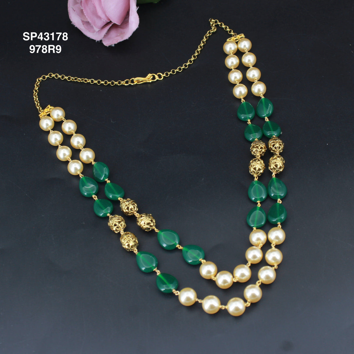 2 Lines Handmade Swarovski Pearl Mala With Nakshi Balls And Dark Green Monalisa Beads 43178