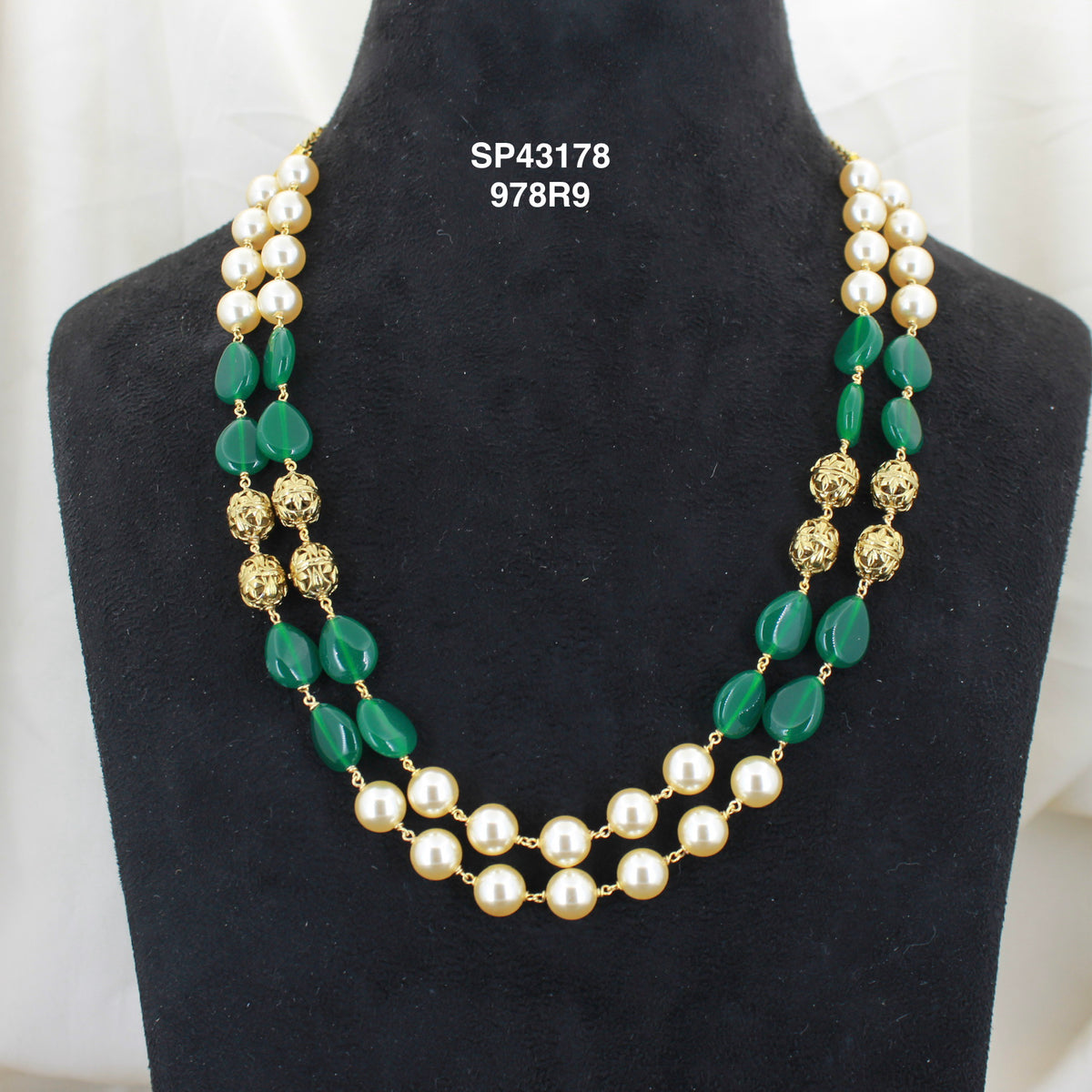 2 Lines Handmade Swarovski Pearl Mala With Nakshi Balls And Dark Green Monalisa Beads 43178