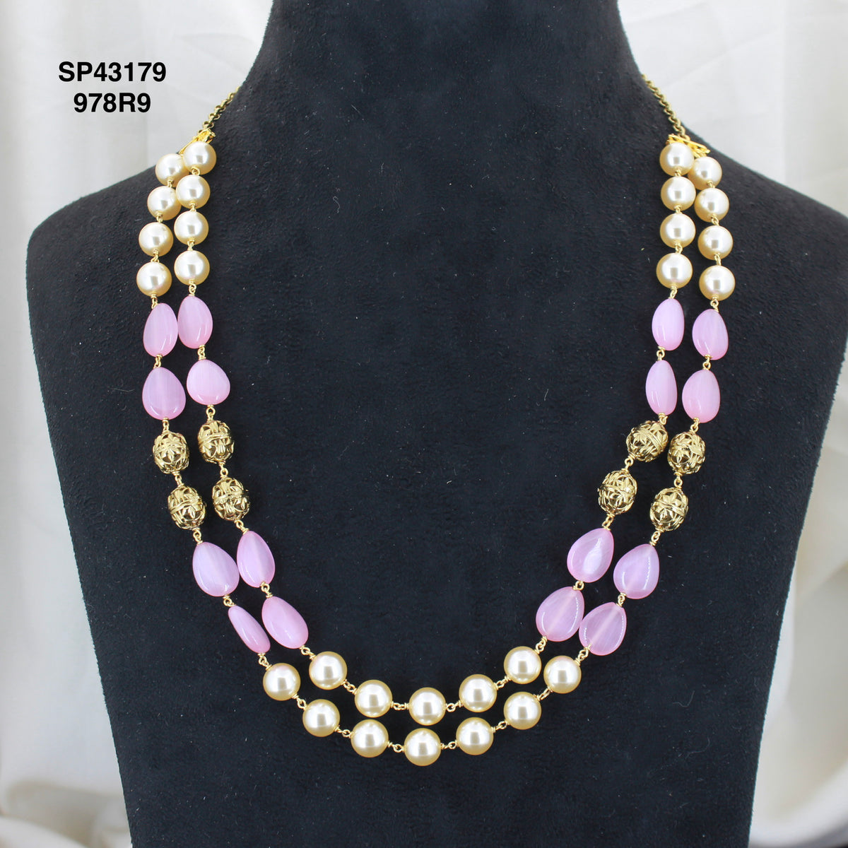 2 Lines Handmade Swarovski Pearl Mala With Nakshi Balls And Light Pink Monalisa Beads 43179