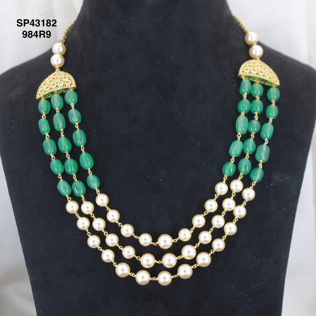 3 Lines Handmade Swarovski Pearl Mala With Nakshi Balls And Green Monalisa Beads 43182