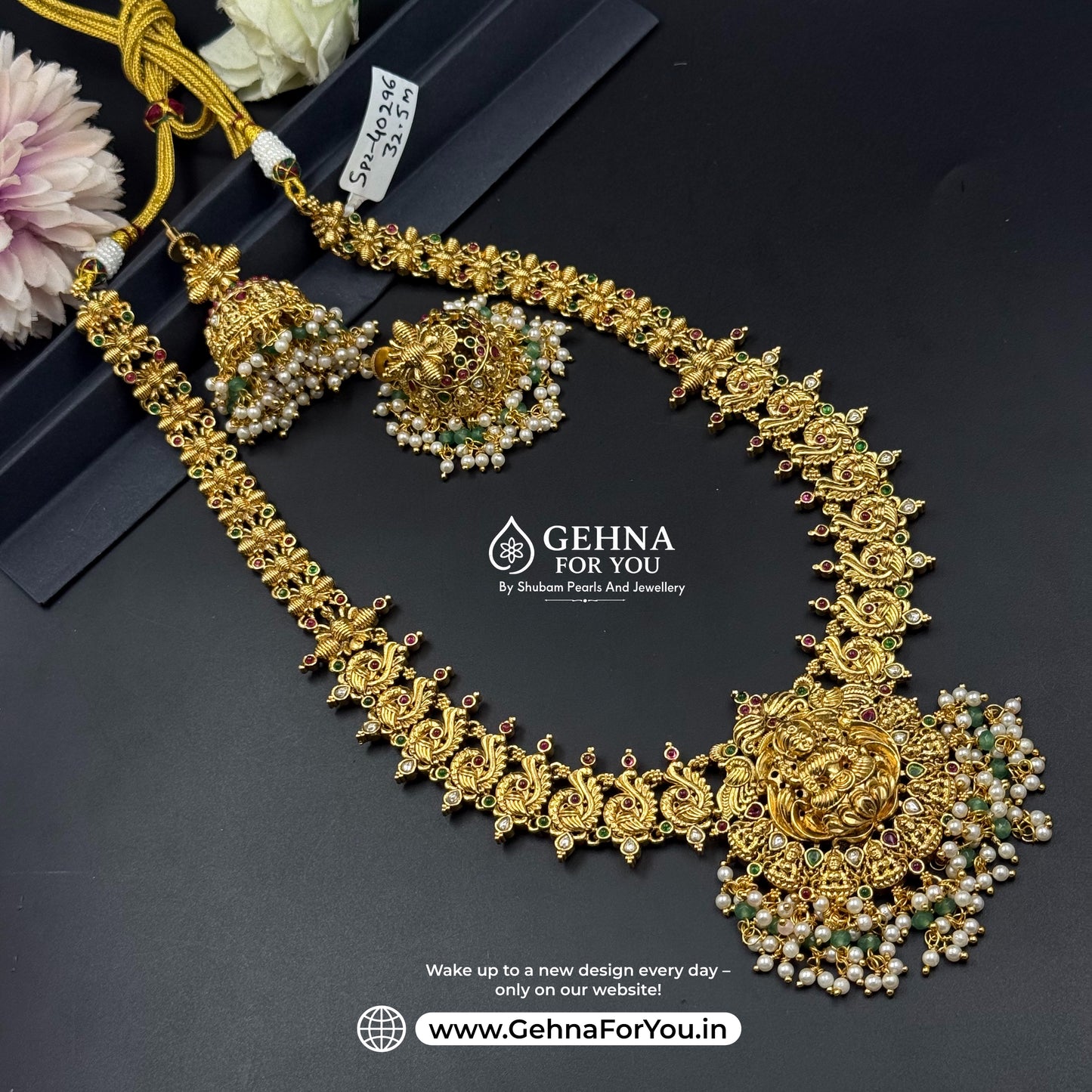 40296 Nakshi Long haaram with Jhumkas and double layer pearls making