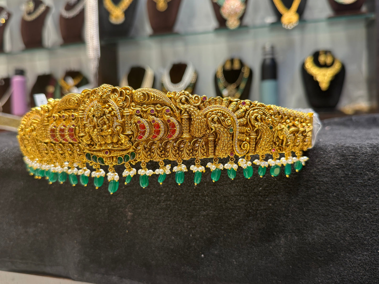 39424 Nakshi jadau kundan Vaddanam with monalisa drops and printed belt