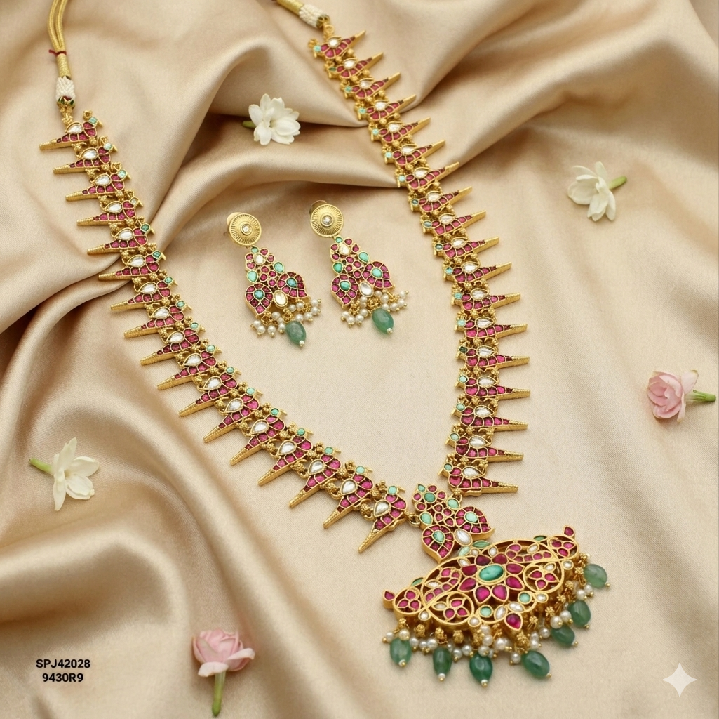 Jadau Parrot 2 In 1 Long Necklace With Push Back Earrings