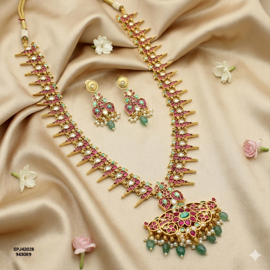 Jadau Parrot 2 In 1 Long Necklace With Push Back Earrings