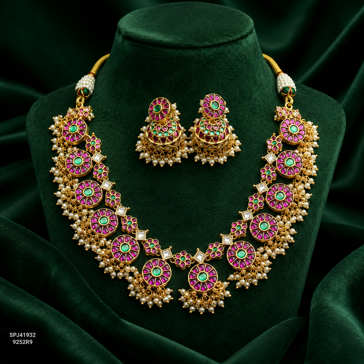 41932 Jadau Bottumala Necklace Set Short With Push Back Earrings